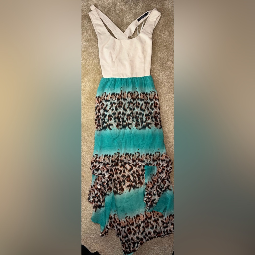 Love Culture Blue & Cream Cheetah Print Strappy Back Maxi Dress Medium